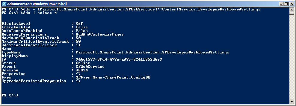 [Microsoft.SharePoint.Administration.SPWebService]::ContentService.DeveloperDashboardSettings